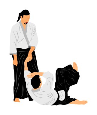 Beyaz arka planda izole edilmiş iki aikido avcı uçağı vektör çizimi arasındaki dövüş. Antrenman maçı. Savunma mahareti dövüşçüsü, egzersiz konsepti. Geleneksel savaşçılar. 