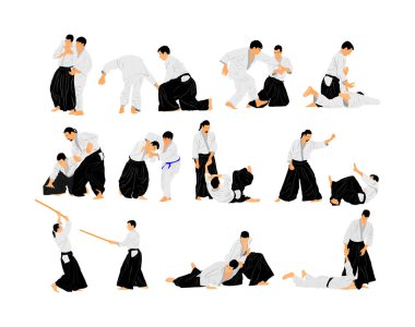 Aikido avcı uçakları vektör çizimi arasındaki dövüş beyaz arka planda izole edildi. Antrenman maçı. Savunma mahareti dövüşçüsü, egzersiz konsepti. Geleneksel savaşçılar. Dövüş sanatları.