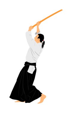Aikido avcı uçağı vektör çizimi beyaza izole edildi. Eğitim hareketi. Nefsi müdafaa konsepti. Aikido eğitmeni Katana 'da hünerini gösteriyor. Asya 'nın geleneksel savaşçısı. Kendo dövüşü.