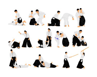 Aikido avcı uçakları vektör çizimi arasındaki dövüş beyaz arka planda izole edildi. Antrenman maçı. Savunma mahareti dövüşçüsü, egzersiz konsepti. Geleneksel savaşçılar. Dövüş sanatları.