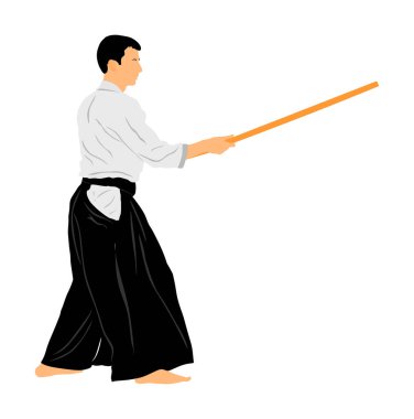 Aikido avcı uçağı vektör çizimi beyaza izole edildi. Eğitim hareketi. Nefsi müdafaa konsepti. Aikido eğitmeni Katana 'da hünerini gösteriyor. Asya 'nın geleneksel savaşçısı. Kendo dövüşü.