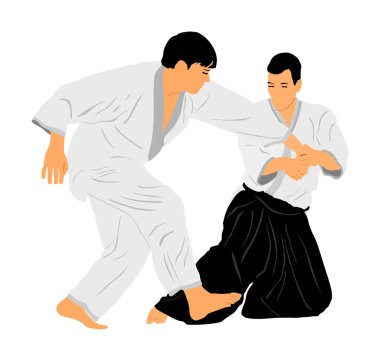 Beyaz arka planda izole edilmiş iki aikido avcı uçağı vektör çizimi arasındaki dövüş. Antrenman maçı. Savunma mahareti dövüşçüsü, egzersiz konsepti. Geleneksel savaşçılar. 