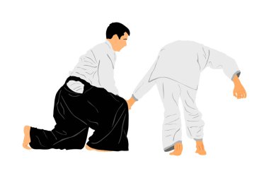 Beyaz arka planda izole edilmiş iki aikido avcı uçağı vektör çizimi arasındaki dövüş. Antrenman maçı. Savunma mahareti dövüşçüsü, egzersiz konsepti. Geleneksel savaşçılar. 