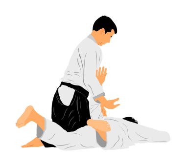 Beyaz arka planda izole edilmiş iki aikido avcı uçağı vektör çizimi arasındaki dövüş. Antrenman maçı. Savunma mahareti dövüşçüsü, egzersiz konsepti. Geleneksel savaşçılar. 