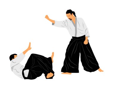 Beyaz arka planda izole edilmiş iki aikido avcı uçağı vektör çizimi arasındaki dövüş. Antrenman maçı. Savunma mahareti dövüşçüsü, egzersiz konsepti. Geleneksel savaşçılar. 