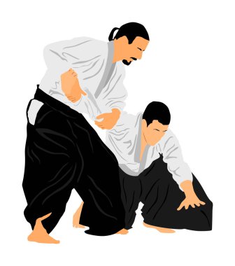 Beyaz arka planda izole edilmiş iki aikido avcı uçağı vektör çizimi arasındaki dövüş. Antrenman maçı. Savunma mahareti dövüşçüsü, egzersiz konsepti. Geleneksel savaşçılar. 