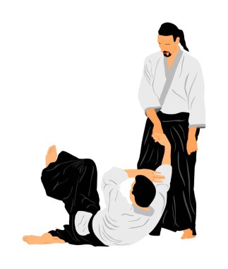 Beyaz arka planda izole edilmiş iki aikido avcı uçağı vektör çizimi arasındaki dövüş. Antrenman maçı. Savunma mahareti dövüşçüsü, egzersiz konsepti. Geleneksel savaşçılar. 