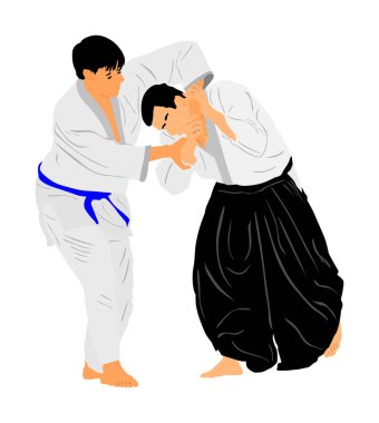 Beyaz arka planda izole edilmiş iki aikido avcı uçağı vektör çizimi arasındaki dövüş. Antrenman maçı. Savunma mahareti dövüşçüsü, egzersiz konsepti. Geleneksel savaşçılar. 