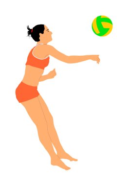 Plaj kadını voleybol oyuncusu vektör çizimi beyaz arka planda izole edildi. Voleybolcu kız iş başında. Yaz mevsimi kumda eğleniyor. Kadın spor aktivitesi. Aktif yaşam tarzı. Sağlık hizmetleri açık havada.