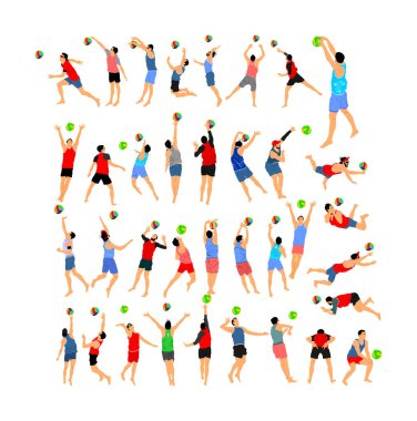 Plaj voleybolcusu vektör çizimi beyaz arka planda izole edildi. Voleybolcu çocuk iş başında. Yaz mevsimi kumda eğleniyor. Erkek spor aktivitesi. Aktif yaşam tarzı. Top hareketleriyle açık hava eğlencesi.