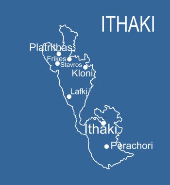 Yunanistan 'ın Ithaki adası harita vektör çizgisi, mavi arkaplanda izole edilmiş siluet çizimini oluşturuyor. Kefalonya yakınlarındaki Ithaca harita adası.