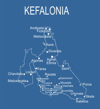Yunanistan 'ın Cephalonia adası harita vektör çizgisi, mavi arkaplanda izole edilmiş silüet çizimi.