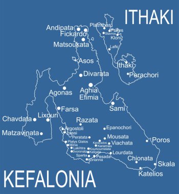 Yunanistan 'ın Sefalonya adası harita vektör çizgisi, mavi arkaplanda izole edilmiş silüet çizimi. Ithaki haritası, Kefalonia yakınlarındaki Ithaca harita adası..