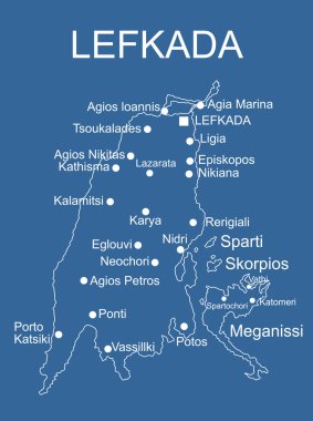 Yunanistan adası Lefkada harita vektör çizgisi, mavi arkaplanda izole edilmiş siluet çizimi. Yunan cenneti İyon adası.