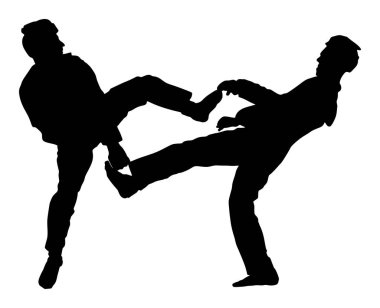 Tekvando avcıları arasındaki dövüş vektör silueti çizimi izole edildi. Antrenman maçı. Savunma becerisi egzersizi. Savaşçı dövüş sanatı savaşı. Spor adam dövüş müsabakası. Cesur çocuk..