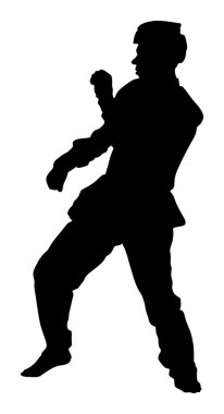 Tekvando avcı uçağı vektör silueti izole edildi. Antrenman maçı. Nefsi müdafaa konsepti uyguluyor. Dövüş sanatları savaşındaki savaşçılar. Kimonolu bir sporcu. Solucan gibi, spor yetenekleri.