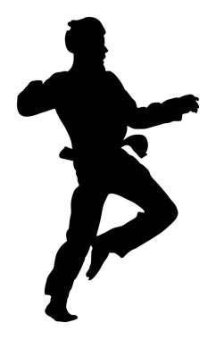 Tekvando avcı uçağı vektör silueti izole edildi. Antrenman maçı. Nefsi müdafaa konsepti uyguluyor. Dövüş sanatları savaşındaki savaşçılar. Kimonolu bir sporcu. Solucan gibi, spor yetenekleri.