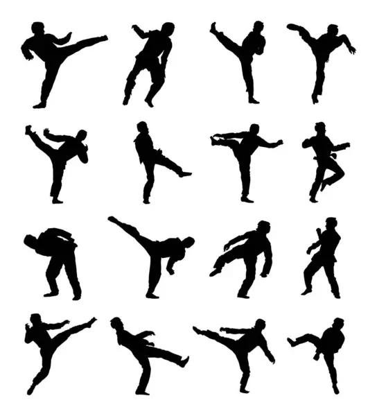 Taekwondo Kämpfer Vektor Silhouette Isoliert Sparring Über Trainingsaktionen Selbstverteidigungsfähigkeiten Übungs Stockvektor