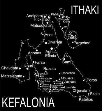Yunanistan 'ın Cephalonia adası harita vektör çizgisi, siyah arkaplanda izole edilmiş siluet çizimini oluşturuyor. Ithaki haritası, Kefalonia yakınlarındaki Ithaca harita adası..