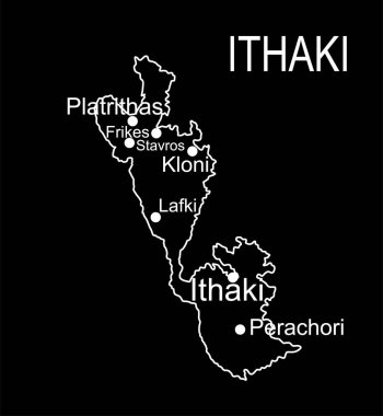 Yunanistan 'ın Ithaki adası harita vektör çizgisi, siyah arkaplanda izole edilmiş siluet çizimini oluşturuyor. Kefalonya yakınlarındaki Ithaca harita adası.