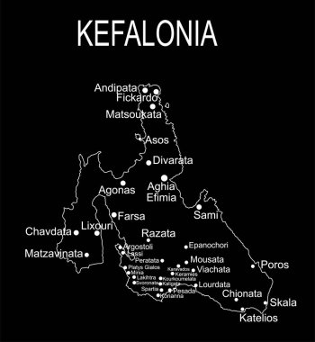 Yunanistan 'ın Cephalonia adası harita vektör çizgisi, siyah arkaplanda izole edilmiş silüet çizimi.