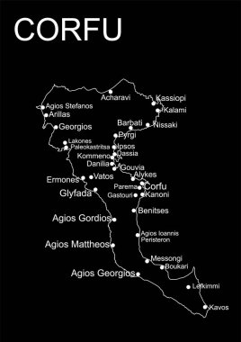 Yunanistan adası Korfu haritası vektör çizgisi, siyah arkaplanda izole edilmiş siluet çizimini çiziyor. Yunan cennet adası.