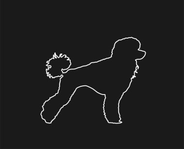 Oyuncak Kaniş vektör çizgisi, siyah arkaplanda izole edilmiş siluet çizimi. Köpek evcil hayvanına dikkat et. Kaniş şekilli gölge.