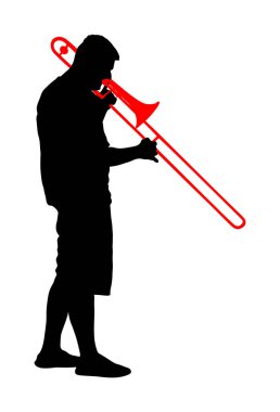 Tromboncu vektör silüeti çizimi izole edildi. Müzisyen rüzgar enstrümanı çalıyor. Sanatçı caz adamı. Borazancı sokak sanatçısı. Müzisyen trompeti çalıyor. Halk eğlencesi. Klasik müzik etkinliği.