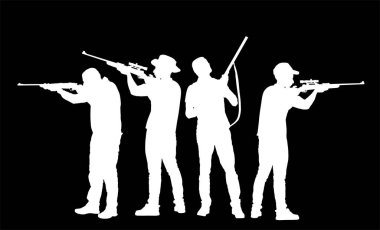 İnsanları avlama hobisi. Avcı adam nişancı tüfeği vektör silueti çizimi izole edildi. Tüfek görevi olan bir asker. Tetikçi mülkü savunur. Askeri beceri. Avcılar gölge şeklinde..