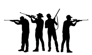 İnsanları avlama hobisi. Avcı adam nişancı tüfeği vektör silueti çizimi izole edildi. Tüfek görevi olan bir asker. Tetikçi mülkü savunur. Askeri beceri. Avcılar gölge şeklinde..