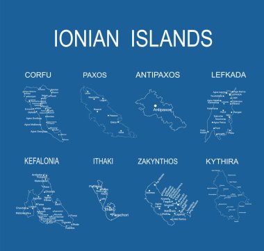 İyon adaları vektör siluetini izole etti. Korfu haritası Paxos, Antipaxos, Lefkada haritası, Kefalonia kartı, Ithaki hattı, Zakynthos çizgi haritası, Kythira şekli. Yunan toprağı, cennet Yunanistan