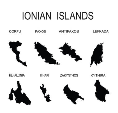 İyon adaları vektör siluetini izole etti. Korfu haritası Paxos, Antipaxos, Lefkada haritası, Kefalonia kartı, Ithaki hattı, Zakynthos çizgi haritası, Kythira şekli. Yunan toprağı, cennet Yunanistan