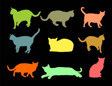 Birçok kedi vektör silüeti grubu siyah arkaplanda izole edilmiş. Kedi ailesi. Sevimli, dost canlısı. Kedi sembolü şekli. Renkli kedi gölgesi arkaplan dekoratifi.
