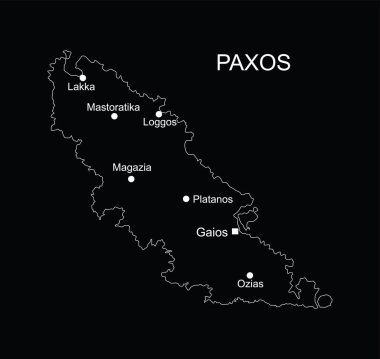Yunan İyon Adaları Paxos harita çizgisi, siyah arkaplanda izole edilmiş vektör silueti çizimi. Paxos şekil gölgesi.