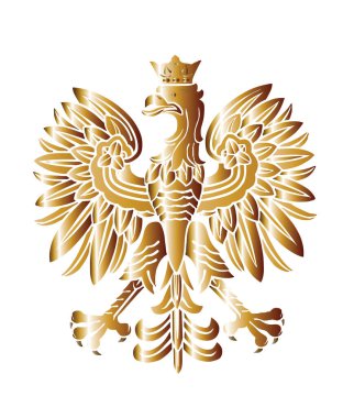 Altın Polonya arması, ulusal amblemi mühürle, beyaz arka planda izole edilmiş. Polonya 'nın vektör illüstrasyon arması. Polonya bayrağı. Kanatlarını aç kartal silueti şekli Polonya 'nın ulusal sembolünü gölgeliyor