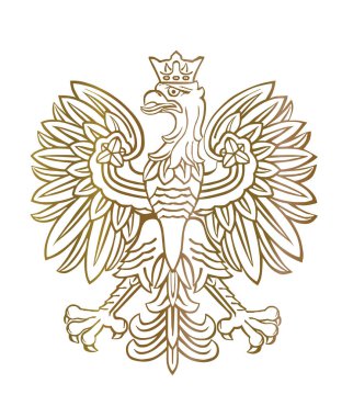 Altın Polonya arması, ulusal amblemi mühürle, beyaz arka planda izole edilmiş. Polonya 'nın vektör illüstrasyon arması. Polonya bayrağı. Kanatlarını aç kartal silueti şekli Polonya 'nın ulusal sembolünü gölgeliyor