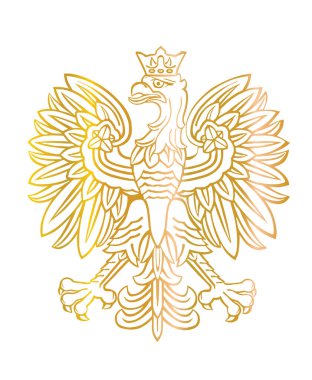 Altın Polonya arması, ulusal amblemi mühürle, beyaz arka planda izole edilmiş. Polonya 'nın vektör illüstrasyon arması. Polonya bayrağı. Kanatlarını aç kartal silueti şekli Polonya 'nın ulusal sembolünü gölgeliyor