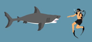 Dalış kafesinin dışındaki dalgıç büyük beyaz köpekbalığı vektör illüstrasyonunu izole etti. Yüzücü çocuk biyoloji araştırması. Kaşif köpekbalığına karşı. Korkunç bir deniz yaban hayatı. Okyanus yüzücülerine yardım.