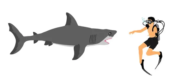 Taucher Mann Außerhalb Des Tauchkäfigs Beobachtet Große Weiße Haie Vektorillustration lizenzfreie Stockvektoren