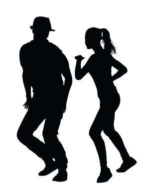 Aşk silueti içinde bir parti dansçısı çifti, şehir çocuğu ve kız vektör çizimi izole edildi. Dans eden mutlu çekici erkek. Yakışıklı çift dans partisi animasyoncuları. Yaz plajı müzik titreşimleri serinliyor.