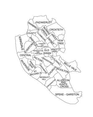 Liverpool şehir haritası vektör çizgisi beyaz arkaplanda izole edilmiş siluet çizimi. İdari Liverpool şehri şekil gölgesi. İngiltere, İngiltere. Ayrı şehir şehirleri sınırları.