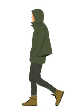 Beyaz arka planda izole edilmiş şehir çocuğu yürüyen vektör çizimi. Yakışıklı adam sokak yürüyüşü. İşten sonra yağmurluklu bir erkek, sonbaharda açık havada dinleniyor. Sağlık hizmetleri parkı etkinliği.