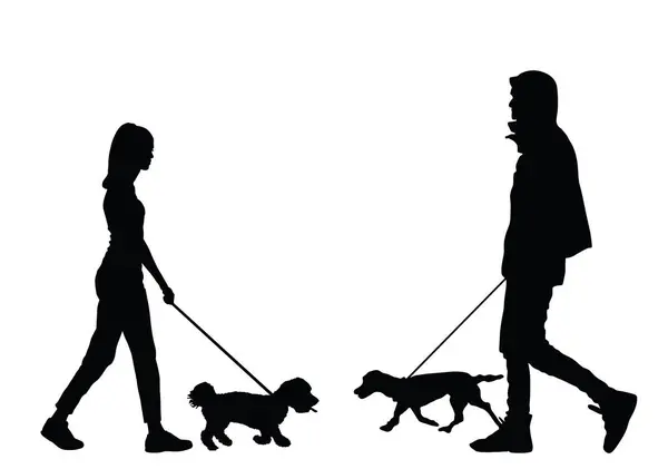 Urban Couple Love Walking Dogs Leash Vector Silhouette Illustration Isolated — Stock Vector
