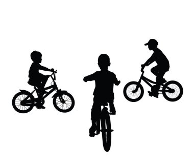 Bisiklet vektörü silueti kullanan küçük çocuklar izole edilmiş. Çocuklar bisiklete binmeyi severler. Aktif çocuklar dışarı çıkar. Yaz tatili zamanı. Mutlu çocuklar arkadaşlar ve kardeşler. Oğlum doğum günü hediyesi oyuncağı.