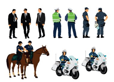 Vektör çizimindeki polis memuru izole edildi. Devriye gezen polisler. Gizli Servis Üyesi insanları korur. Kanun ve düzen. Trafik polisi ekip at birimi. Dedektif gözlemle.