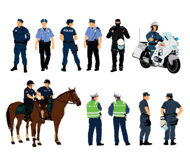Vektör çizimindeki polis memuru izole edildi. Devriye gezen polisler. Gizli Servis Üyesi insanları korur. Kanun ve düzen. Trafik polisi ekip at birimi. Dedektif gözlemle.