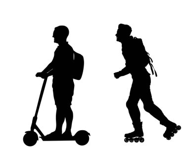 Şehir halkı ulaşım elektrikli araç taşıyıcı vektör illüstrasyonu izole edildi. Adam elektrikli scooter kullanıyor. Tekerlekli sandalyeci çocuk. Patenci silueti, sokaktaki erkek arkadaşlar. Hızlı teslimat..