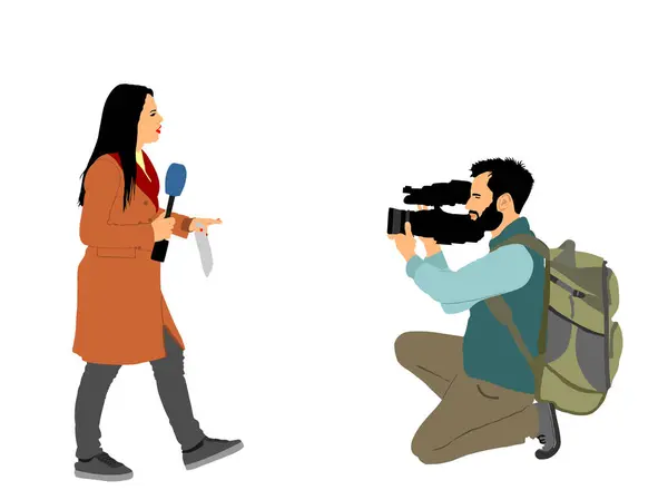 Kamera Ekibi Vektör Illüstrasyonuyla Röportaj Yapan Gazeteci Kız Haber Muhabiri Telifsiz Stok Vektörler
