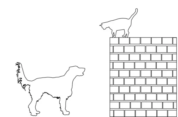 Labrador Retriever Köpeği Kediyi Tuğla Duvar Vektör Çizgisinde Takip Eder Stok Vektör