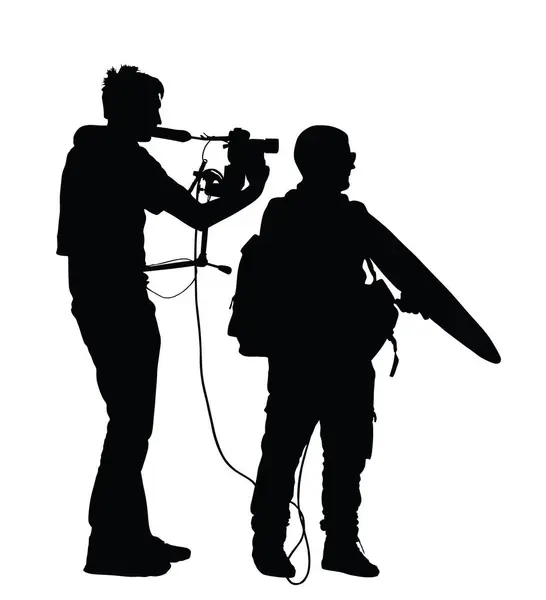 Giornalista Reporter Intervista Camera Crew Vettore Silhouette Illustrazione Isolata Cameraman Vettoriali Stock Royalty Free